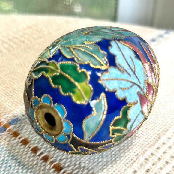Vintage Cloisonné Enamel Egg with Floral Design on Wood Stand – 3” Tall - Picture 7 of 9